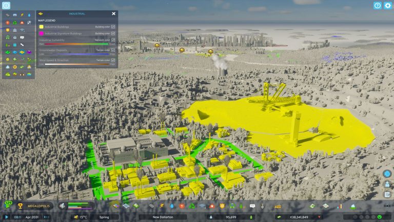 Cities Skylines II industrial overlay highlighting a mine and nearby factories