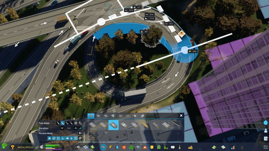 Cities Skylines II road tool rebuilding a curved interchange beside a roundabout
