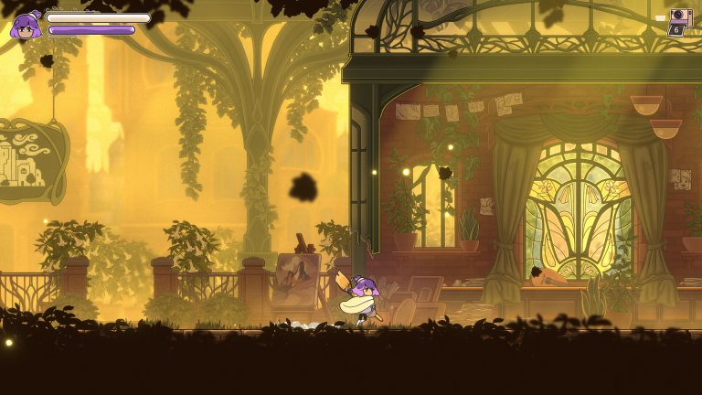 Constance crossing a sunlit greenhouse in the Inner World