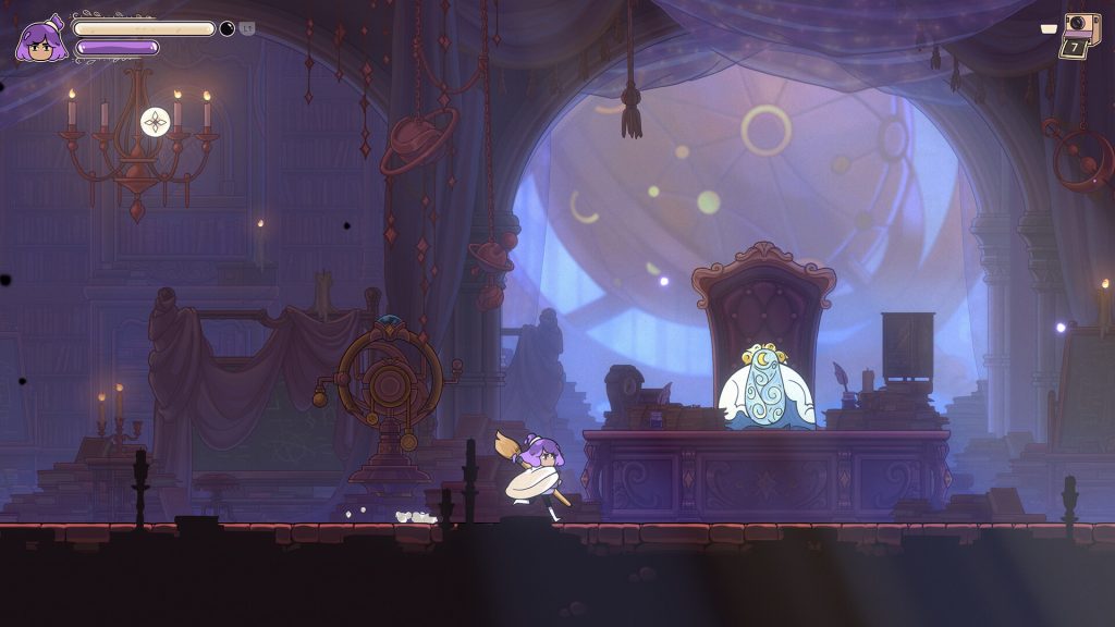 Constance running through a candlelit academy room
