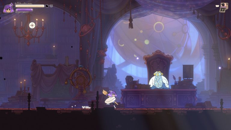 Constance running through a candlelit academy room