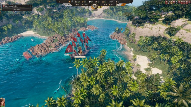 A Corsair Cove warship approaching a Seven Seas encounter near an island