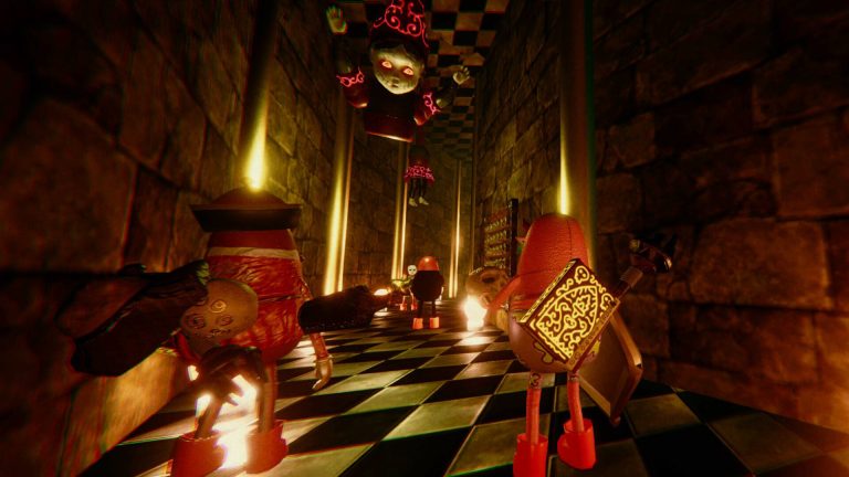 Cursed Companions team entering a torchlit dungeon corridor