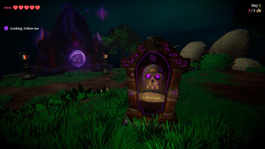 Cursed Companions player holding a Labyrinth portal marker on the home island