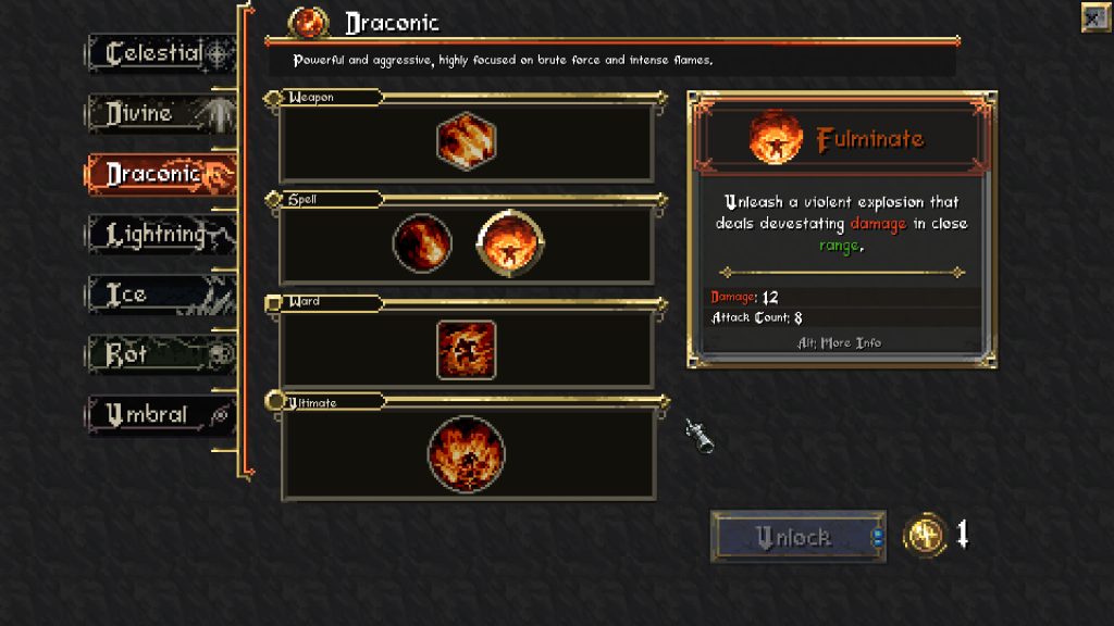 Cursemark skill selection screen showing combat options for a Rune build
