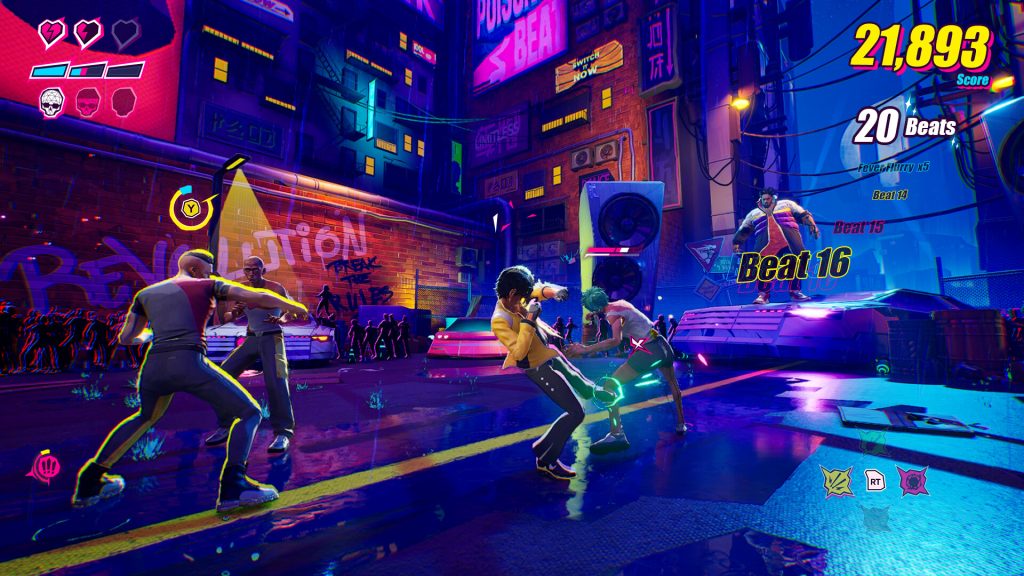 Charlie Disco fighting in the neon Dead End Drive story environment