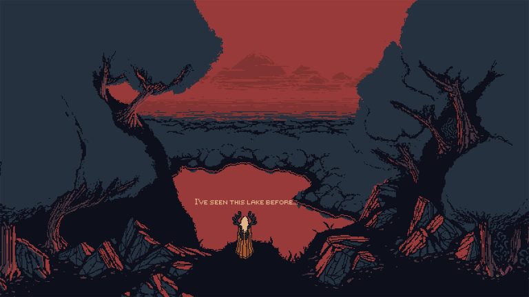 Official Steam screenshot of Ro facing a red lake between dead trees