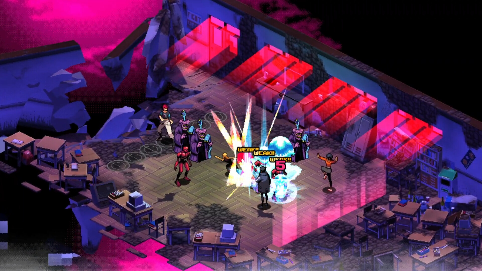 Demonschool party fighting demons inside a ruined classroom