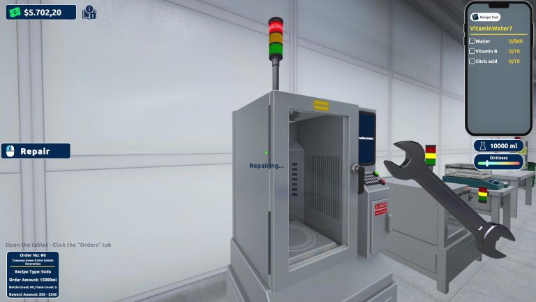 A player repairing a stopped machine in Drink Factory Simulator