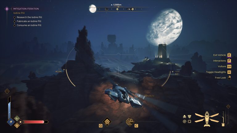 An ornithopter crossing the Dune Awakening desert at night