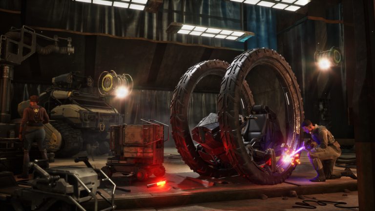 The Treadwheel vehicle inside a Lost Harvest workshop in Dune Awakening