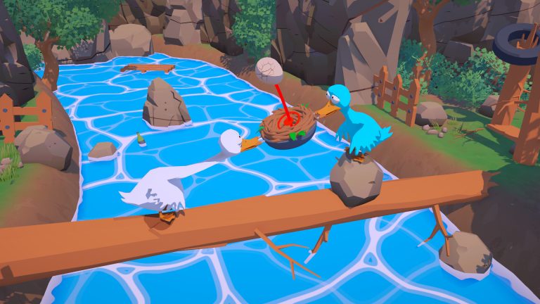 Two geese carrying their nest and egg across a narrow water obstacle in An Eggstremely Hard Game