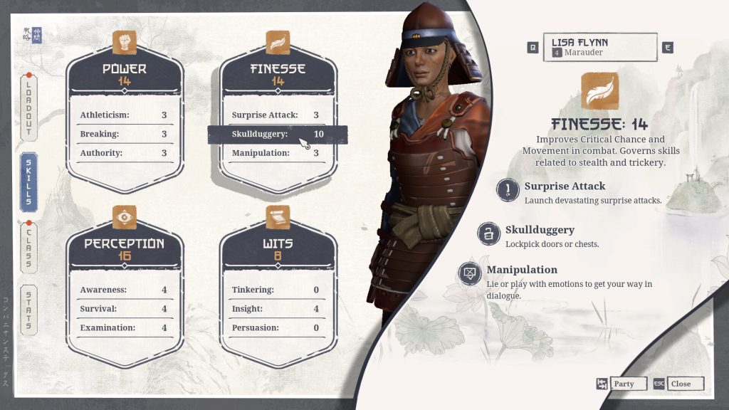 Character attributes and skill checks displayed for Captain Flynn in Expeditions Samurai