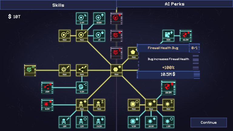 FEED THE AI Chapter 4 skill tree with a Firewall Health bug tooltip
