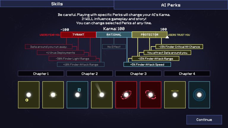 FEED THE AI AI Perks screen with Karma at maximum Protector