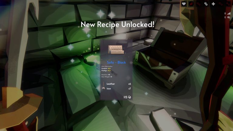 Fell & Sell new furniture recipe unlock displayed beside an opened dungeon chest