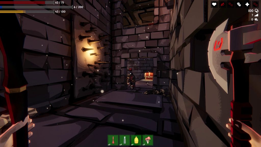 Fell & Sell adventurer facing an armored enemy and a treasure chest in a dungeon corridor