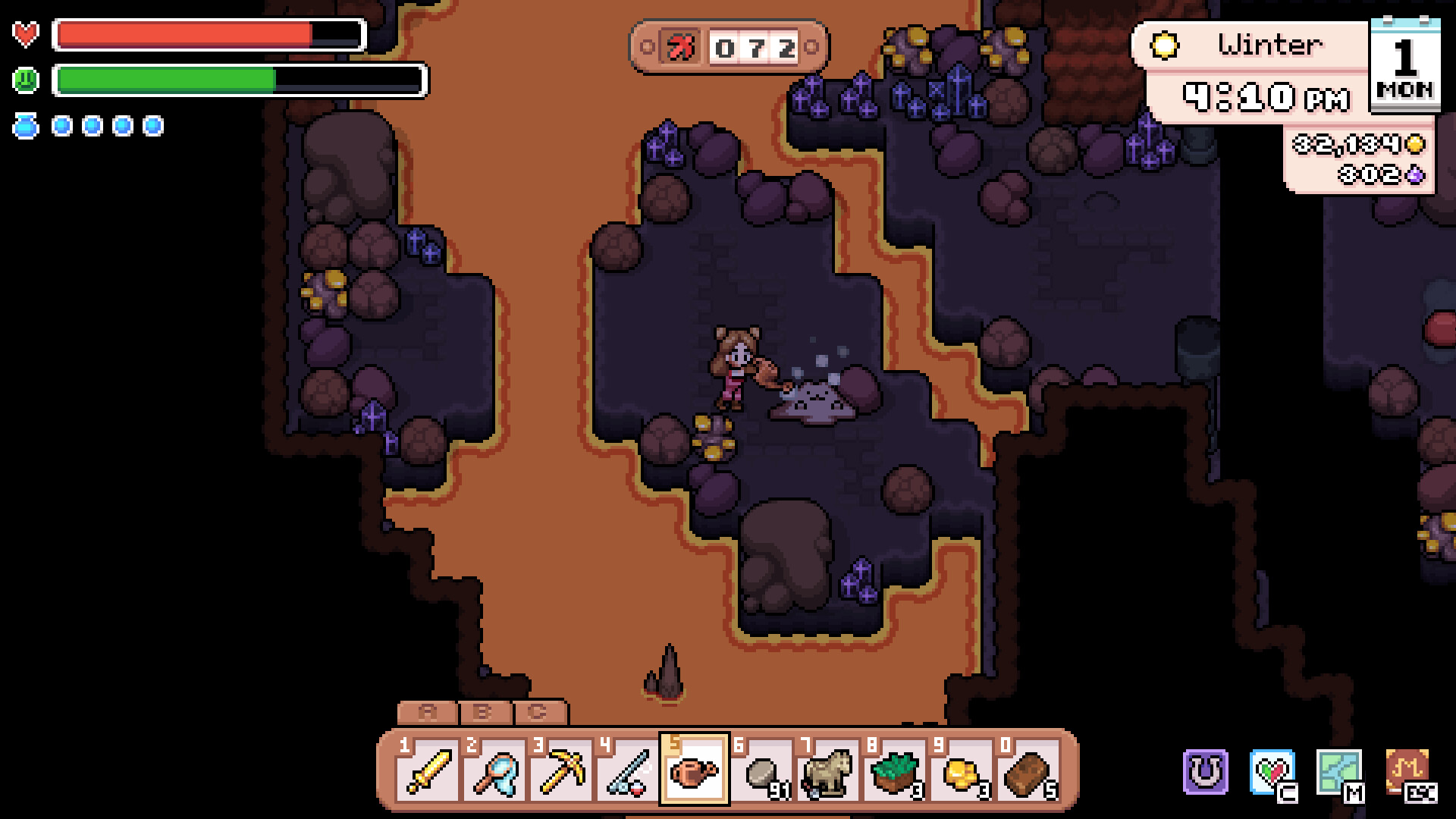 Official Fields of Mistria screenshot showing a Lava Caves mine floor
