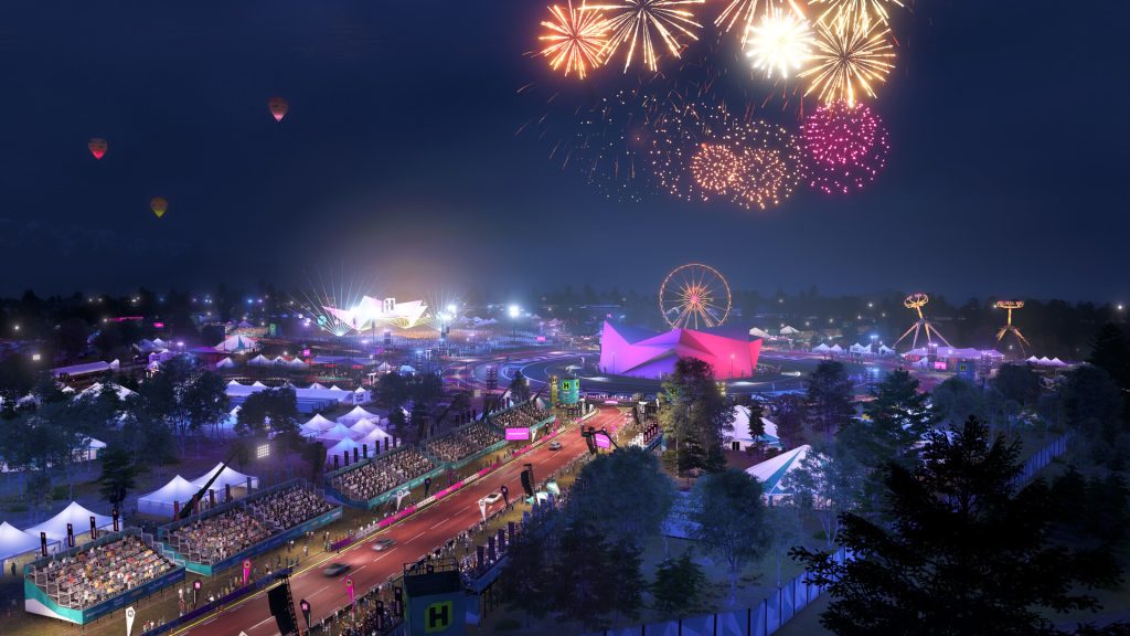 The Horizon Festival at night with fireworks in an official Forza Horizon 6 screenshot