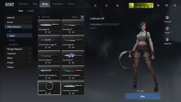 GunZ The Duel Steam shop showing the dagger catalog and character preview