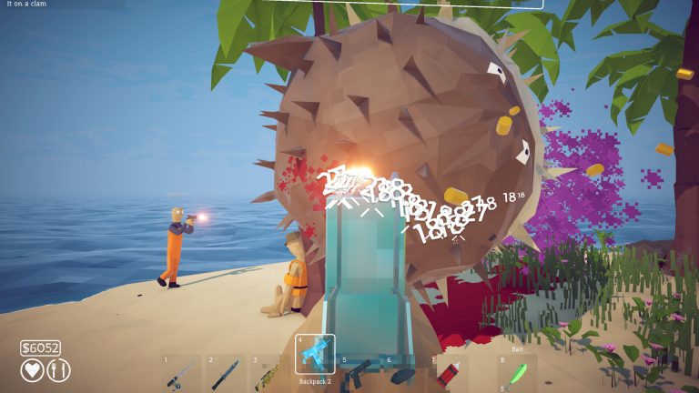 How to Fish players firing at the enlarged Pufferfish boss beside coastal trees