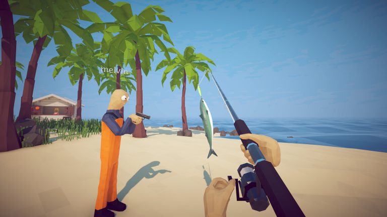 How to Fish player reeling in a fish while a co-op partner watches on a beach