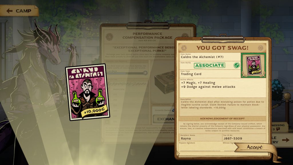 Ledgerbound camp screen showing a newly awarded corporate swag card