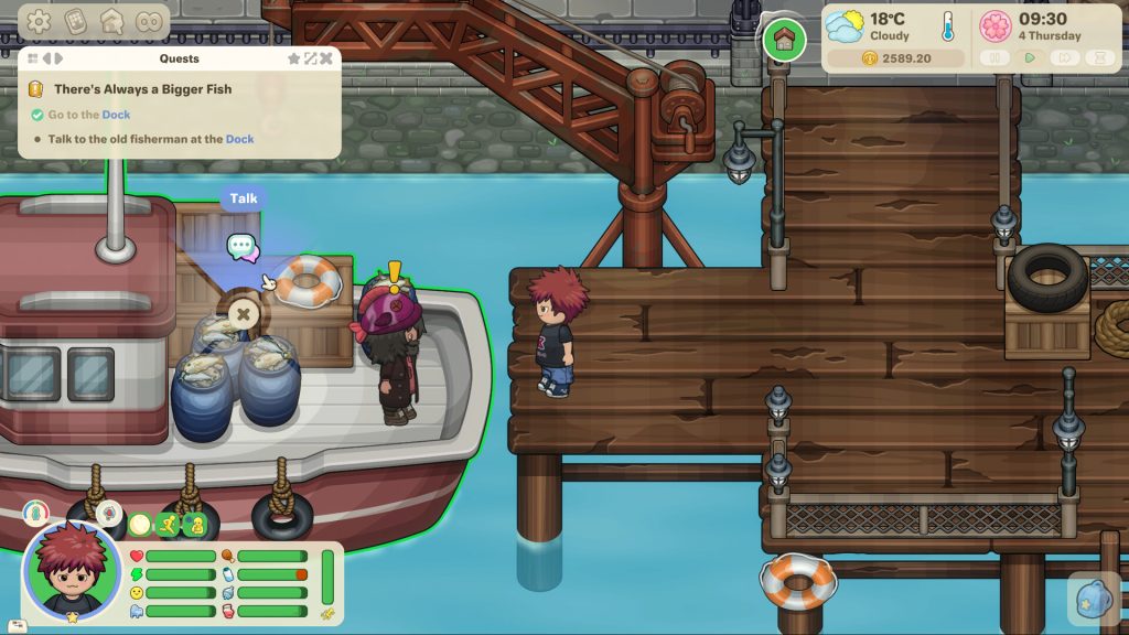 A Little Sim World player meeting Thomas at the Dock during a fishing quest