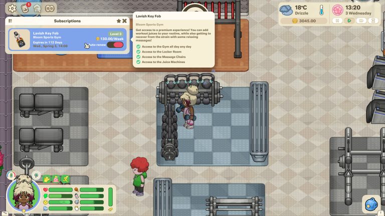 A Little Sim World player reviewing a subscription inside an industrial facility