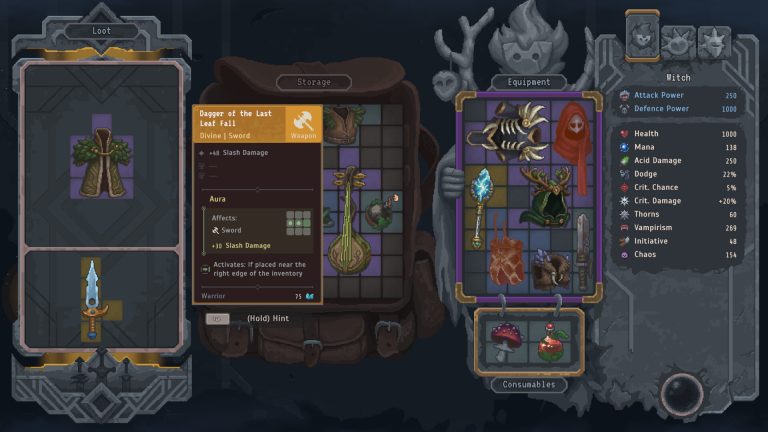 Lootbound equipment screen with a hero grid, loose loot, consumables, and a detailed stat panel