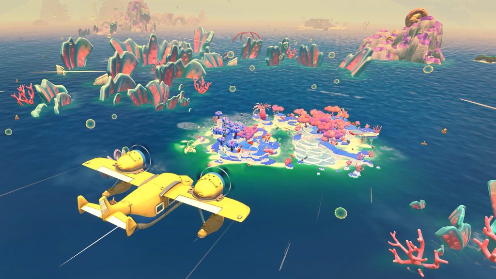 Swirler seaplane flying above the colorful islands in Lou's Lagoon