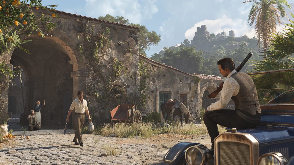 Enzo approaching a rural home while an armed companion watches from a car in Mafia The Old Country