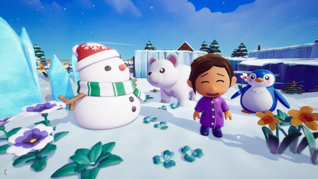 A villager, snowman, animals, and flowers in the snowy Mazey Village prologue