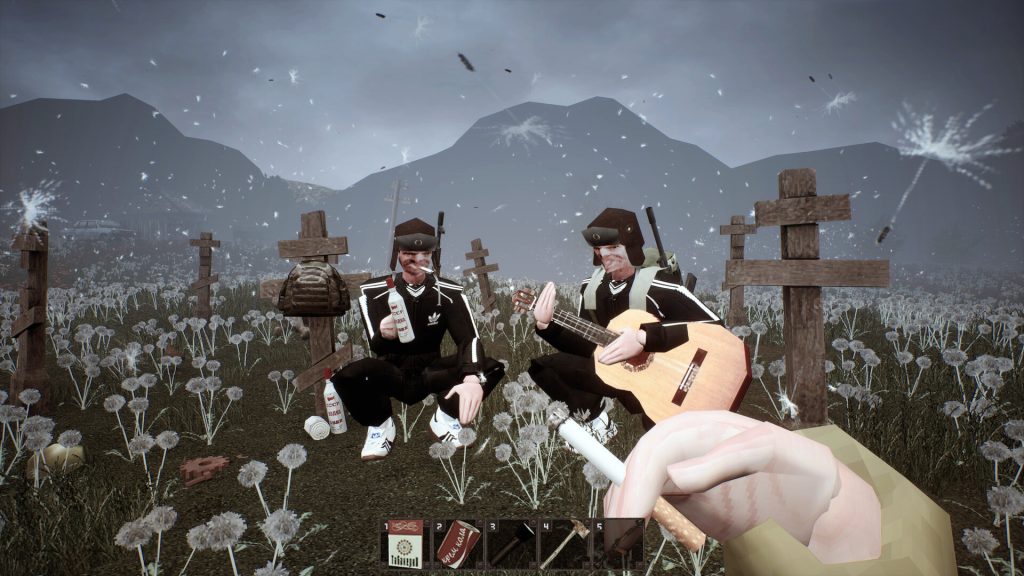 MISERY survivors playing guitar among crosses and white flowers