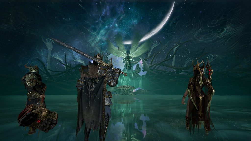 Three Gyldhunters facing a spectral figure in an official Mistfall Hunter screenshot