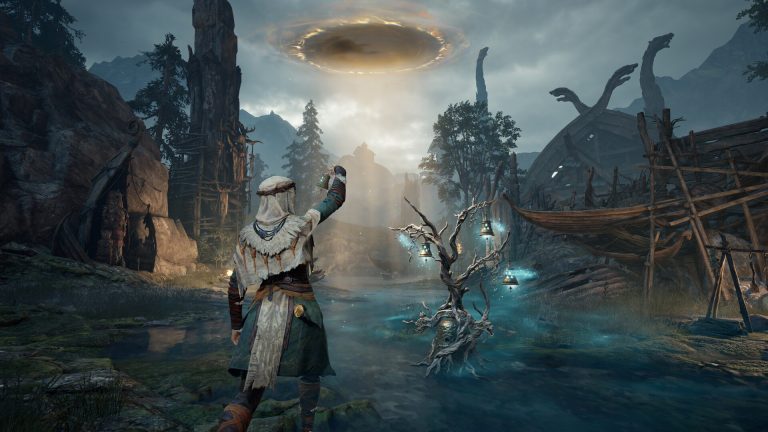 A Gyldhunter ringing a bell beside a glowing return tree in Mistfall Hunter