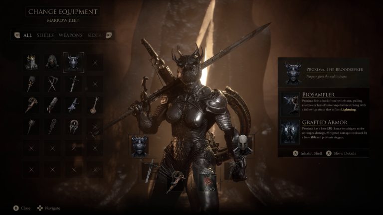The Mortal Shell II equipment screen showing Proxima, weapons, and sidearms at Marrow Keep