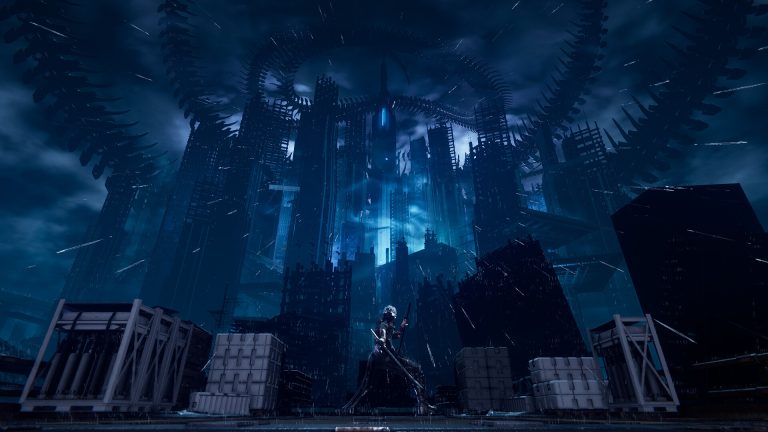 Yakumo looks across rain-soaked Sky City Tokyo in NINJA GAIDEN 4