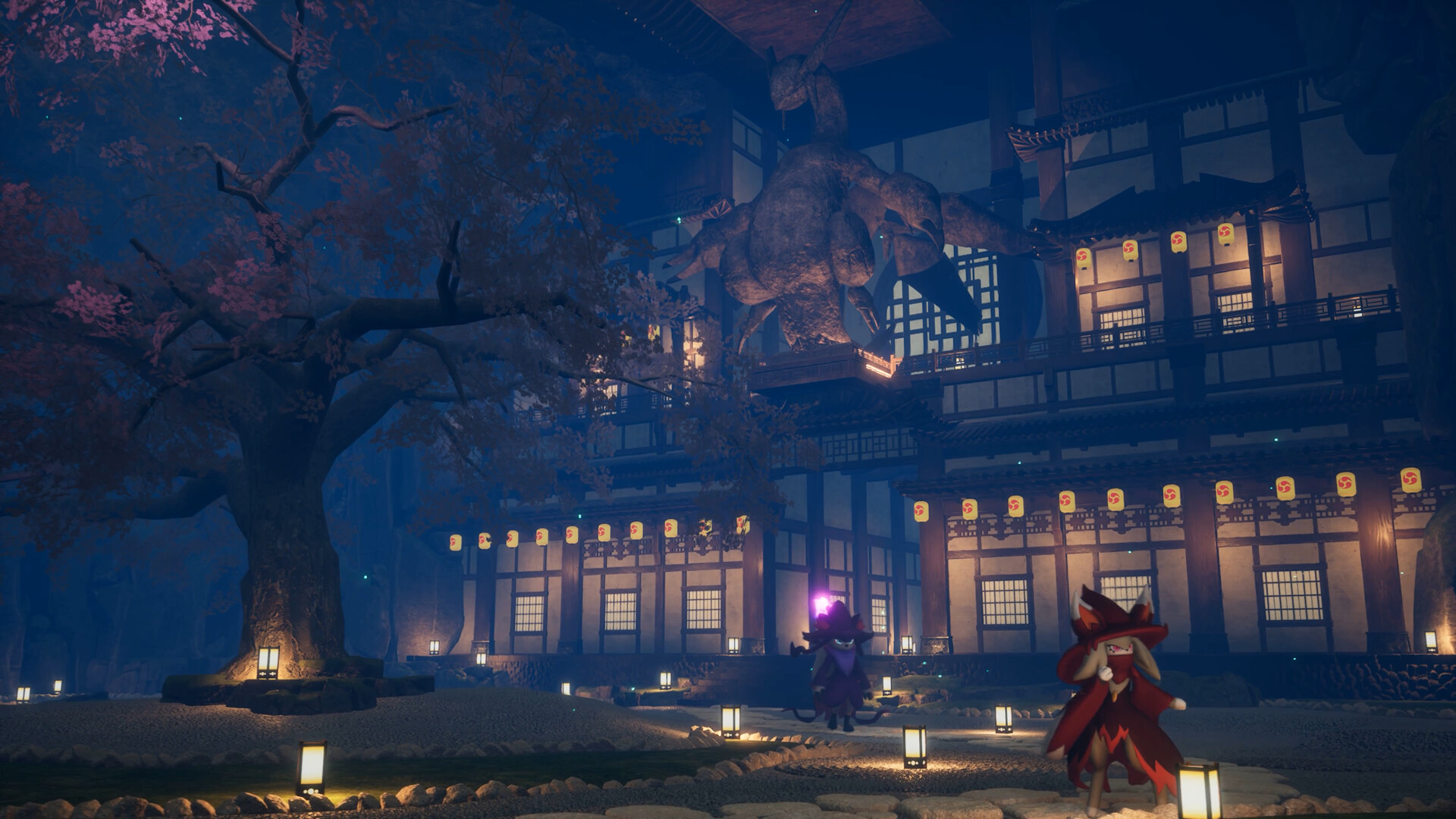 Official Palworld screenshot of a nighttime combat arena near a cherry-blossom building
