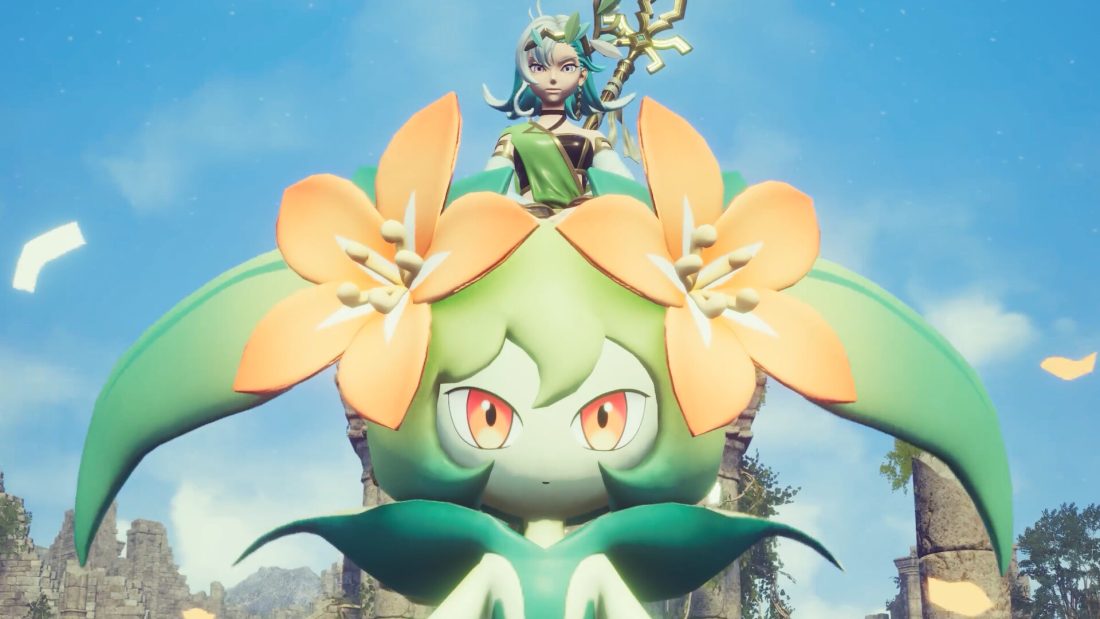 Official Palworld screenshot of a trainer standing behind a flower-themed Pal