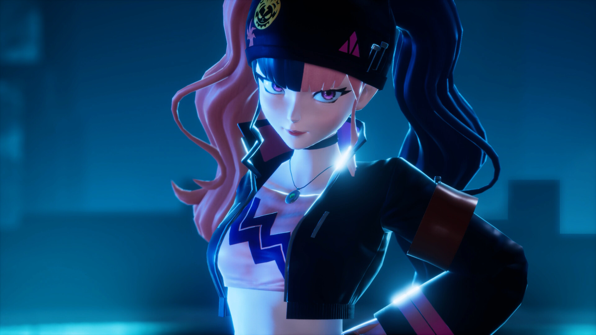 Official Palworld screenshot of a tower leader framed by blue light
