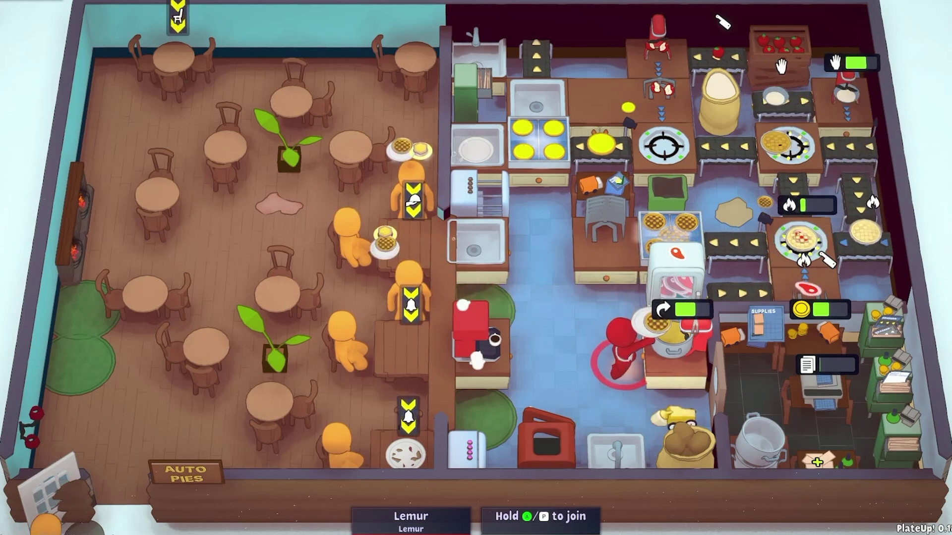 An advanced PlateUp restaurant with conveyor, mixer, cooking, serving, and dish lines
