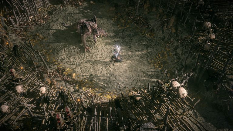 An exile fighting a bone-armoured creature in an official Path of Exile 2 screenshot