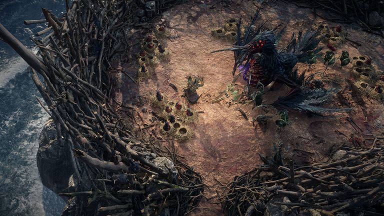 A character fighting the Shrike on a nest-covered coast in an official Path of Exile 2 screenshot