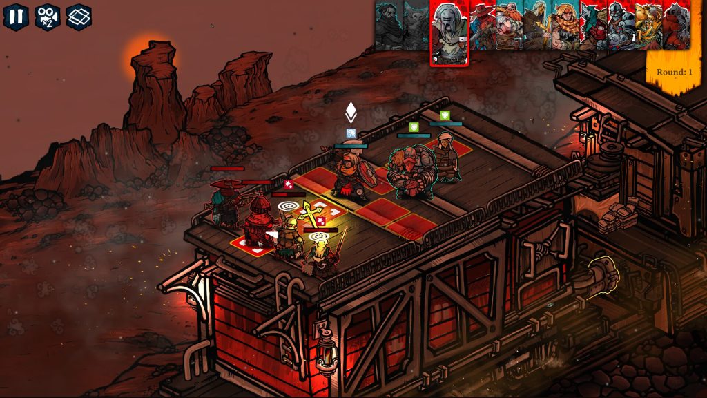 Prelude Dark Pain battle on a moving carriage with heroes and enemies positioned near the edge
