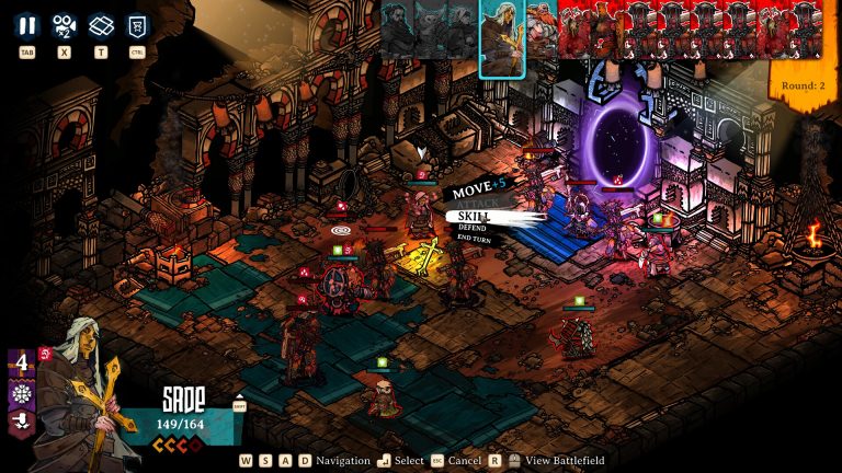 Prelude Dark Pain battle showing the initiative strip, skill menu, defend option, and a crowded grid