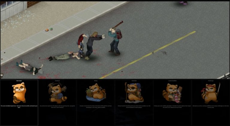 Project Zomboid Build 42 game mode screen above a survivor facing zombies in the road