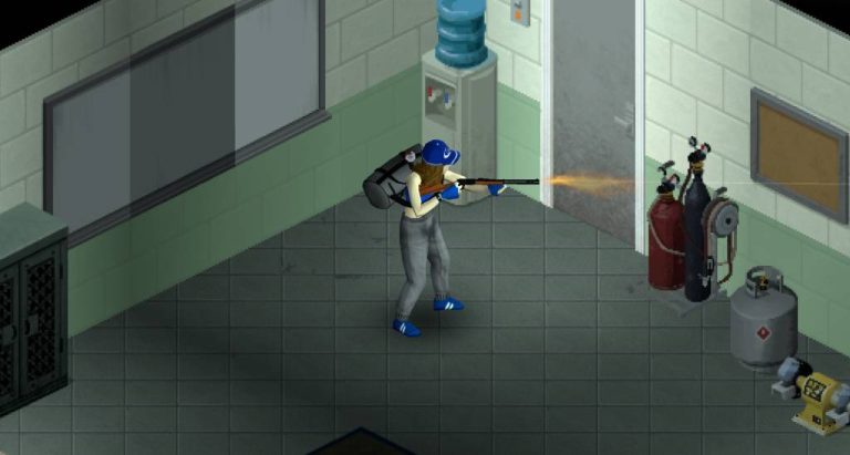 Project Zomboid Build 42 survivor firing a long gun inside a workshop