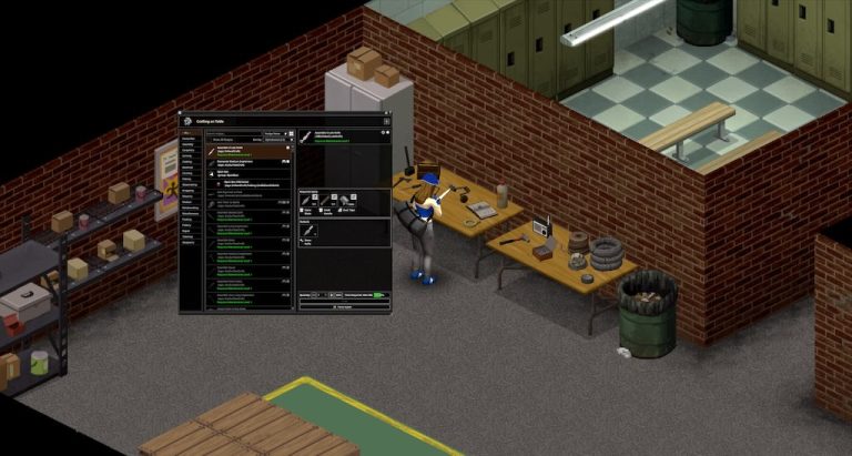 Project Zomboid Build 42 crafting interface open beside work tables and tools