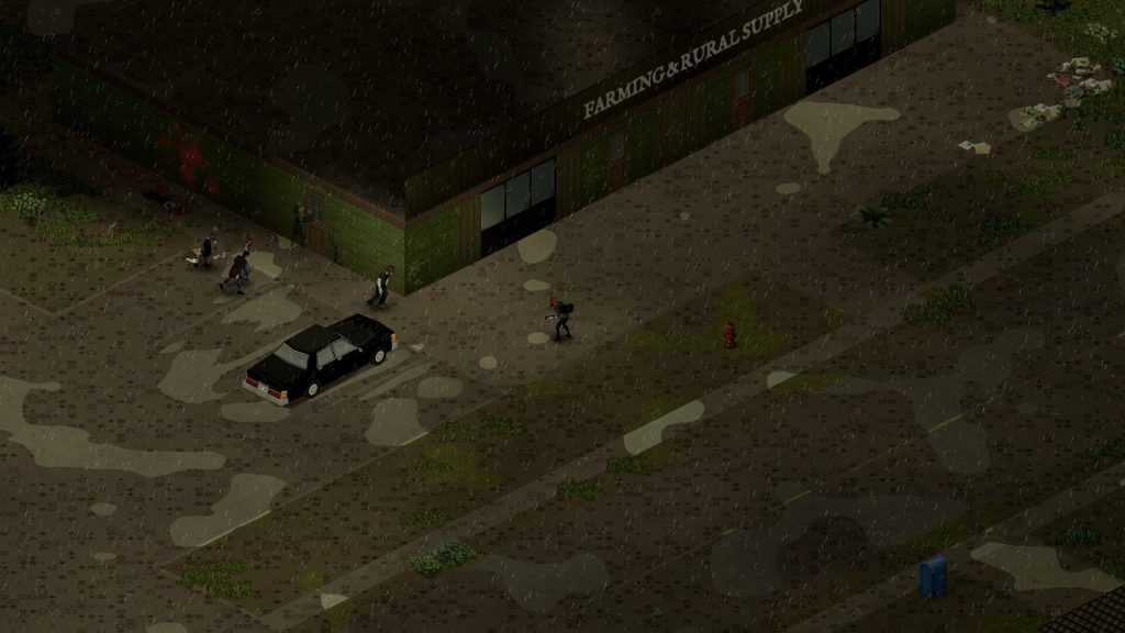 Project Zomboid survivor fighting near a rural supply building during heavy rain